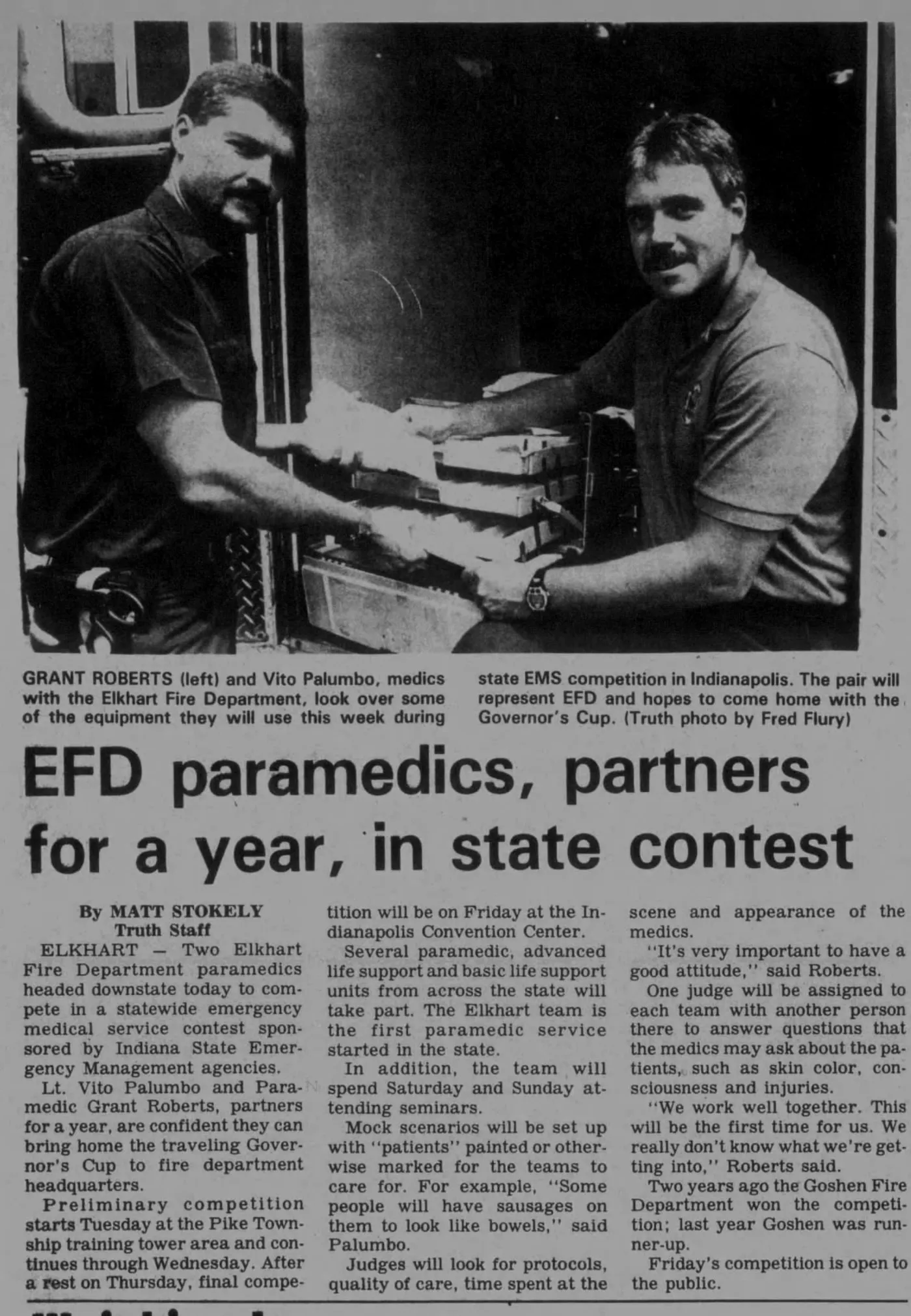 EFD paramedics, partners for a year, in state contest, The Elkhart Truth, August 23, 1993, page 11